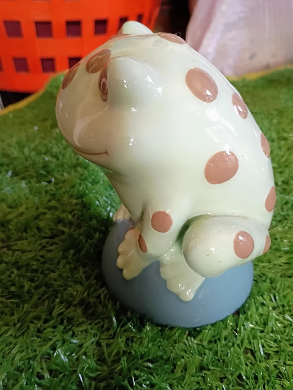 Ceramic Polka Dot Frog Bank - Light Green with Brown Spots